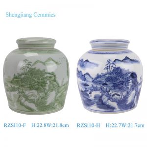 RZSI10-F-H Green blue and white landscape pattern Ceramic Lidded Jar Tea Pot Canister