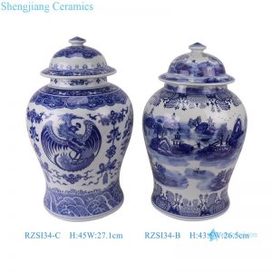 RZSI34-B-C  Blue and white landscape Wutong dragon and phoenix pattern Ceramic Lidded Temple Jar