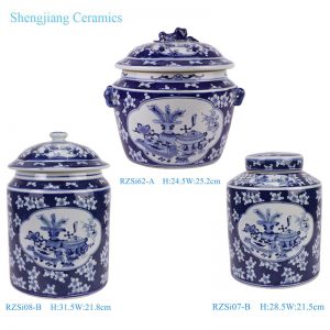 RZSi07-B/RZSi08-B/ RZSi62-A Blue and White Plum flower window open 'Hundred Antiques' Lidded jar