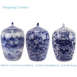 RZSi32-B-C-D Blue and white landscape Grape Butterfly lotus flower pattern Wax gourd pot Lidded Jars