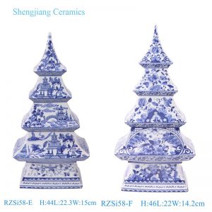 RZSi58-E-F Blue and white bird flower tower pattern Ceramic Pagoda Sculpture for home Christmas decoration