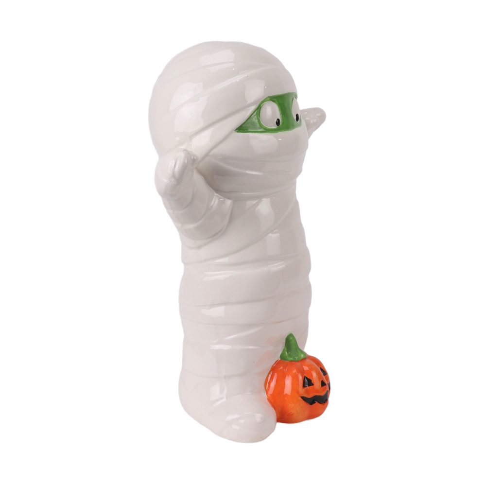 RXBW06 Halloween Ceramic Decorative Ornament White Suspender Standing Red Pumpkin Doll Sculpture Gift Side View