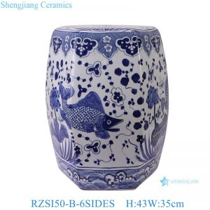 RZSI50-B New Blue and White Fish and Alga Pattern Hexagonal Ceramic Stool Garden Decor