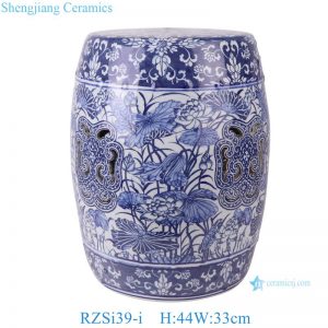 RZSi39-i Blue and White Plants Lotus Pattern Round Ceramic Stool Home Decoration